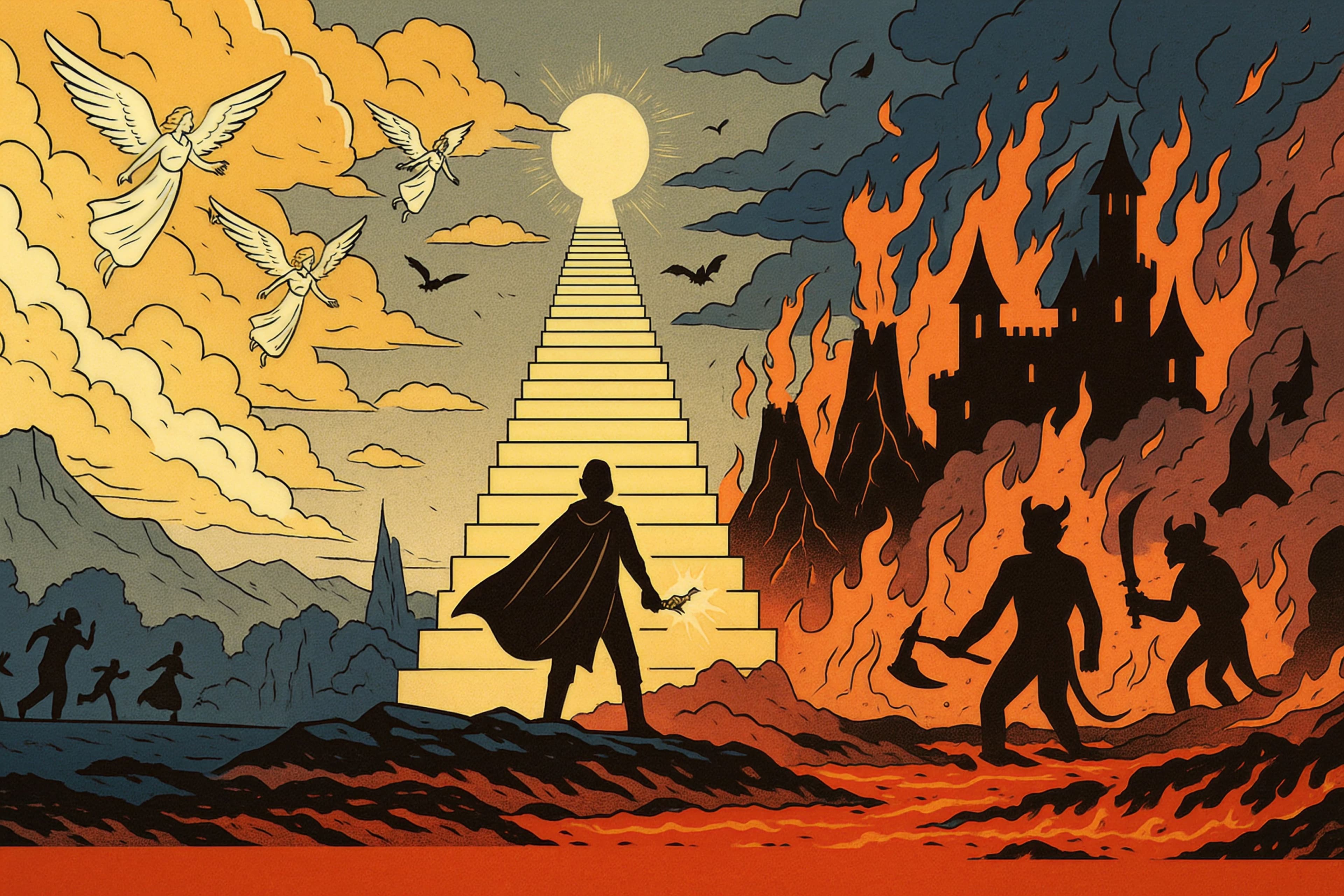 Comic-Illustration im Ligne-Claire-Stil: Eine Himmels- und Höllenszene, getrennt durch eine leuchtende Treppe aus Licht. Links Engel in goldenen Wolken, rechts Dämonen in einer brennenden Lava-Landschaft, im Vordergrund eine Silhouette auf der Treppe.