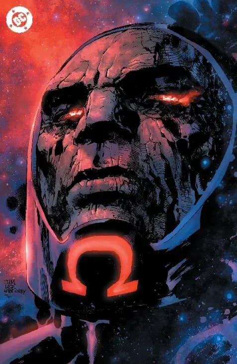 Porträt von Darkseid mit glühenden roten Augen und dem leuchtenden Omega-Symbol auf seiner Brust, vor einem rot-blauen kosmischen Hintergrund.