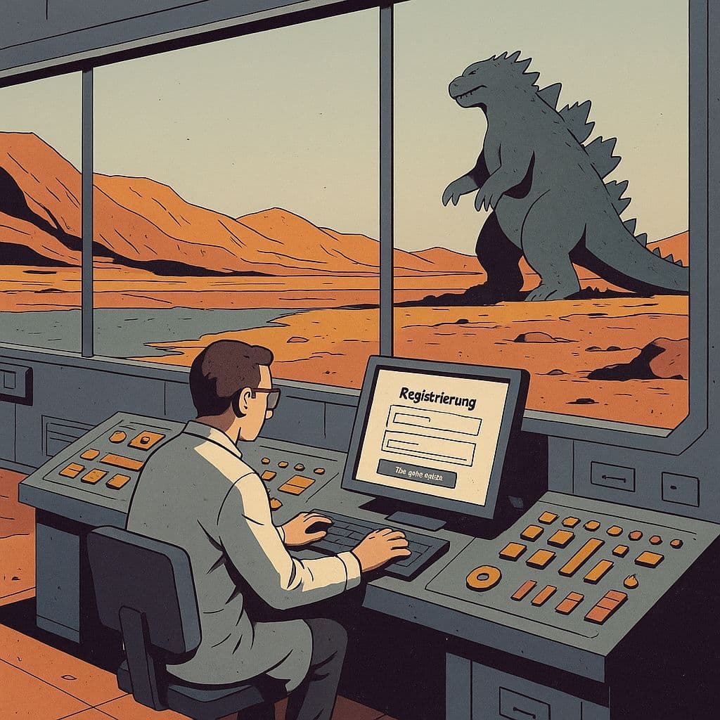 Ein Wissenschaftler sitzt in einer retro-futuristischen Kommandozentrale vor einem Computer mit Registrierungsformular, durch die Fensterfront sieht man das Ink & Power Maskottchen in Godzilla-Form in der Ferne.