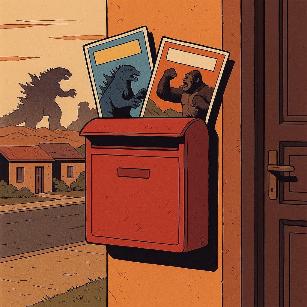 Ein roter Briefkasten an einer Hauswand, aus dem zwei bunte Comics herausragen. Im Hintergrund sind Häuser und Berge zu sehen, während am Horizont Godzilla und King Kong gegeneinander kämpfen.