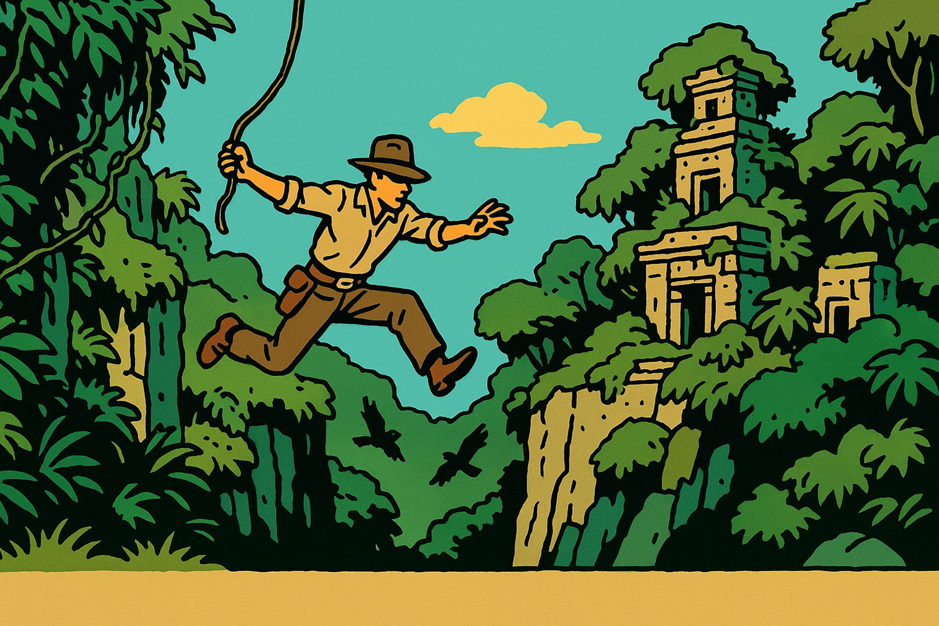 Abenteuer springt über eine Schlucht im Dschungel