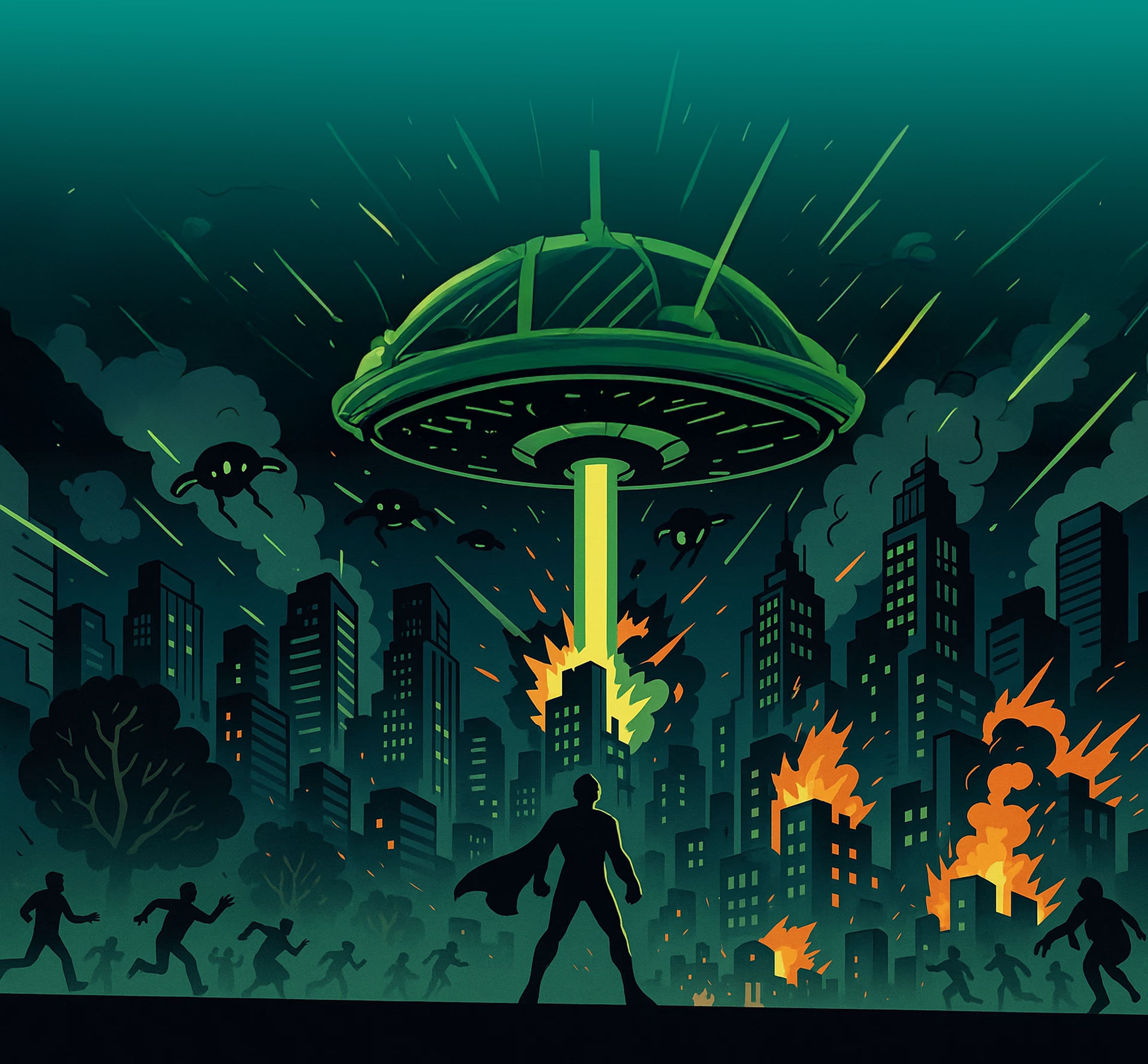 Superheld blickt auf seine Stadt die von einem Raumschiff angegriffen wird. Menschen rennen panisch durch die Straßen.