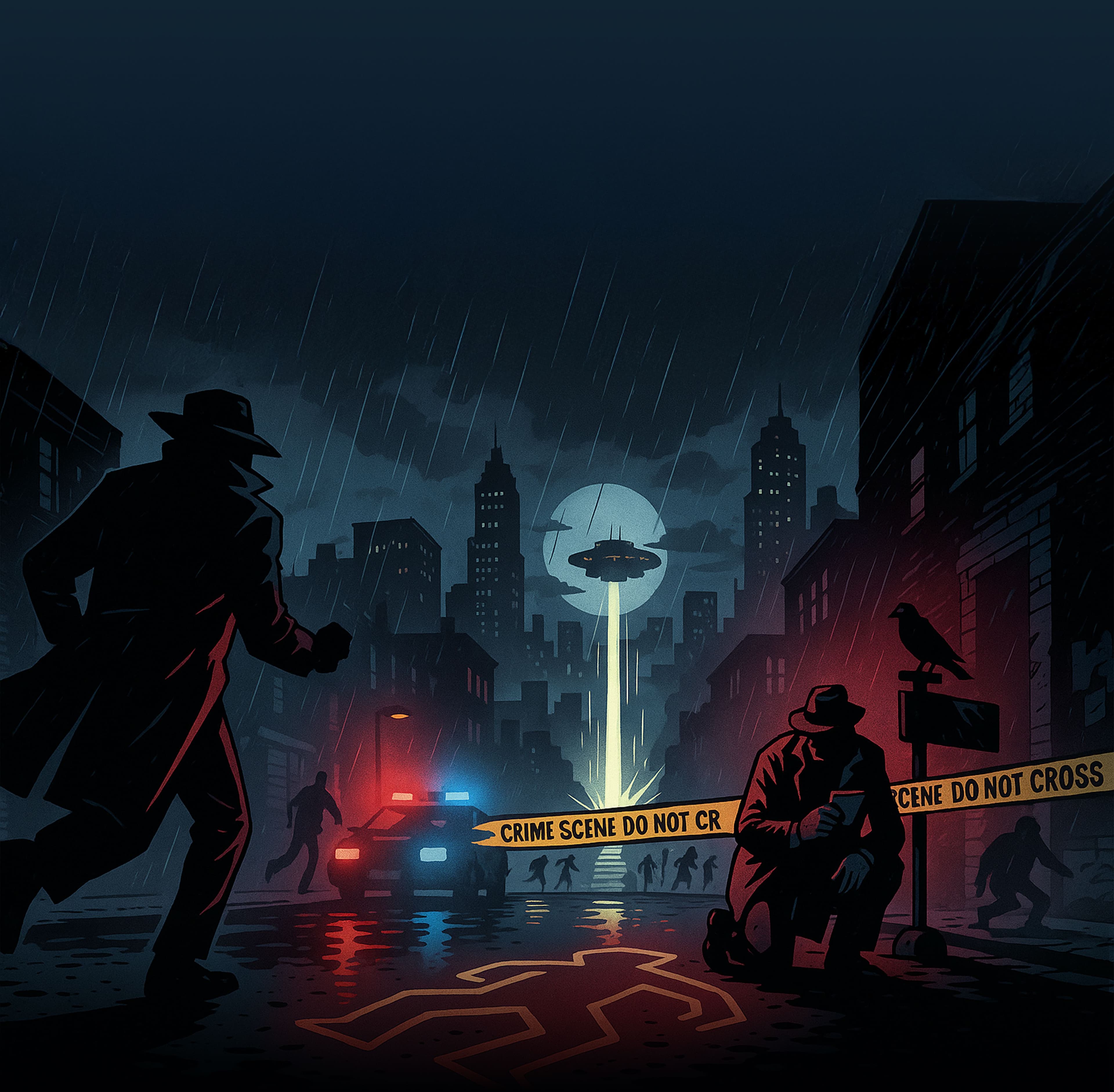 Comic-Illustration einer düsteren Crime-&-Thriller-Szene: In einer regennassen Gasse bei Nacht flieht eine Schattenfigur im Trenchcoat, während ein Detektiv neben einem Kreideumriss hinter gelbem Absperrband kniet. Blaue und rote Polizeilichter spiegeln sich auf dem Asphalt, im Hintergrund ragen Hochhäuser unter einem stürmischen Himmel auf