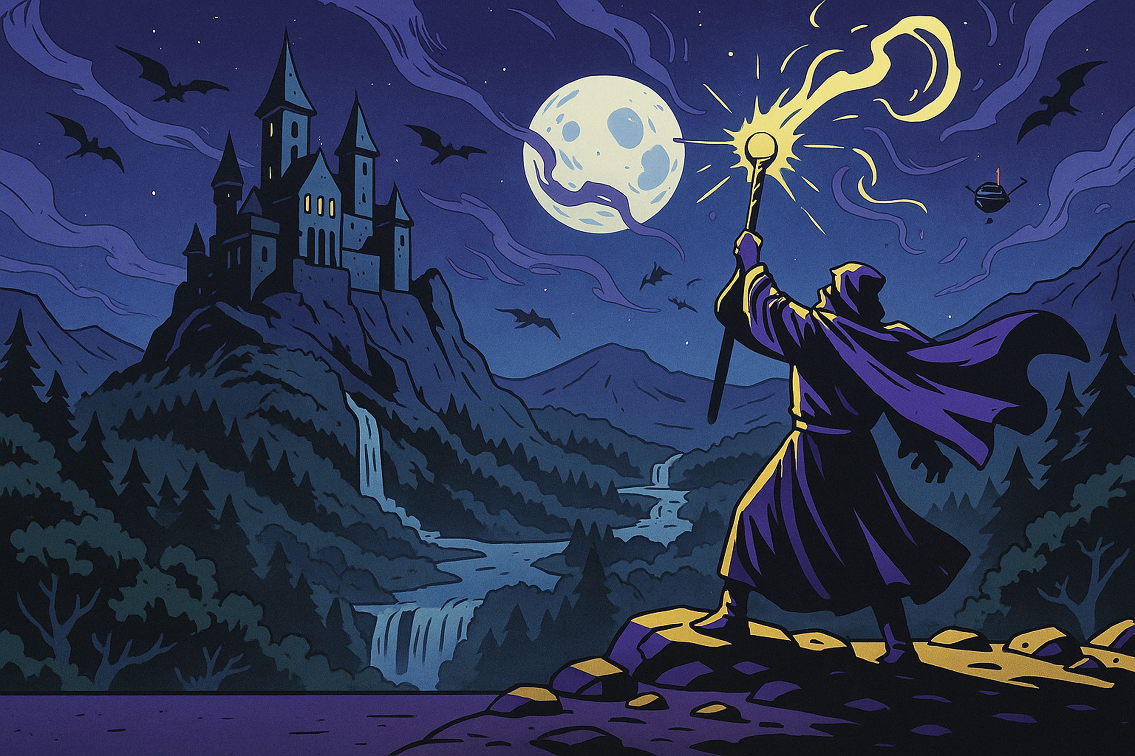 Magier mit einem Zauberstab der in der Ferne auf ein Schloss blickt. Es ist nacht und der Vollmond stahlt.