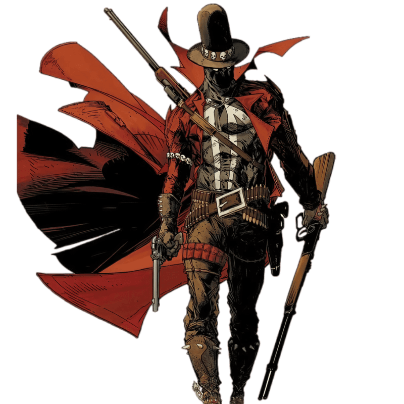 Gunslinger mit zwei Waffen in der Hand. Sein Umhang weht im Wind.