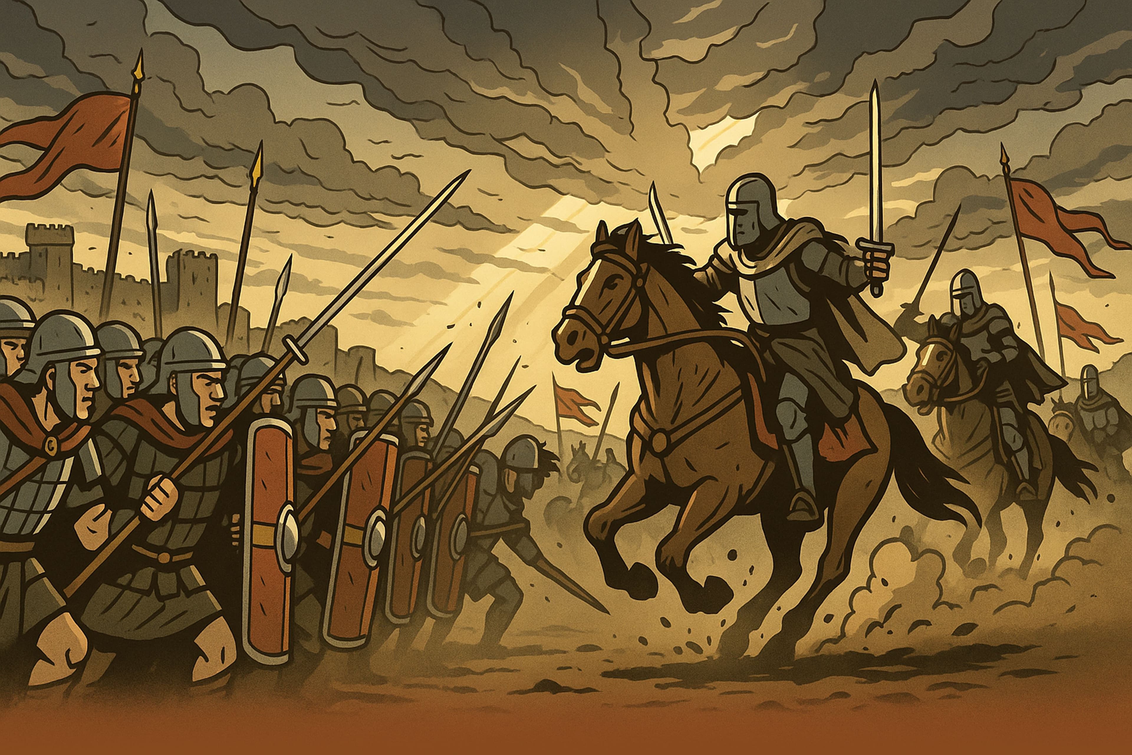 Ein episches Comic-Illustrationsmotiv zeigt eine historische Schlacht: links eine Phalanx römischer Legionäre mit Schilden und Speeren, rechts stürmende mittelalterliche Ritter auf Pferden. Im Hintergrund eine befestigte Stadt, wehende Banner und ein dramatischer Himmel mit Sonnenstrahlen. Am unteren Rand geht die Szene fließend in eine erdige Farbfläche über.