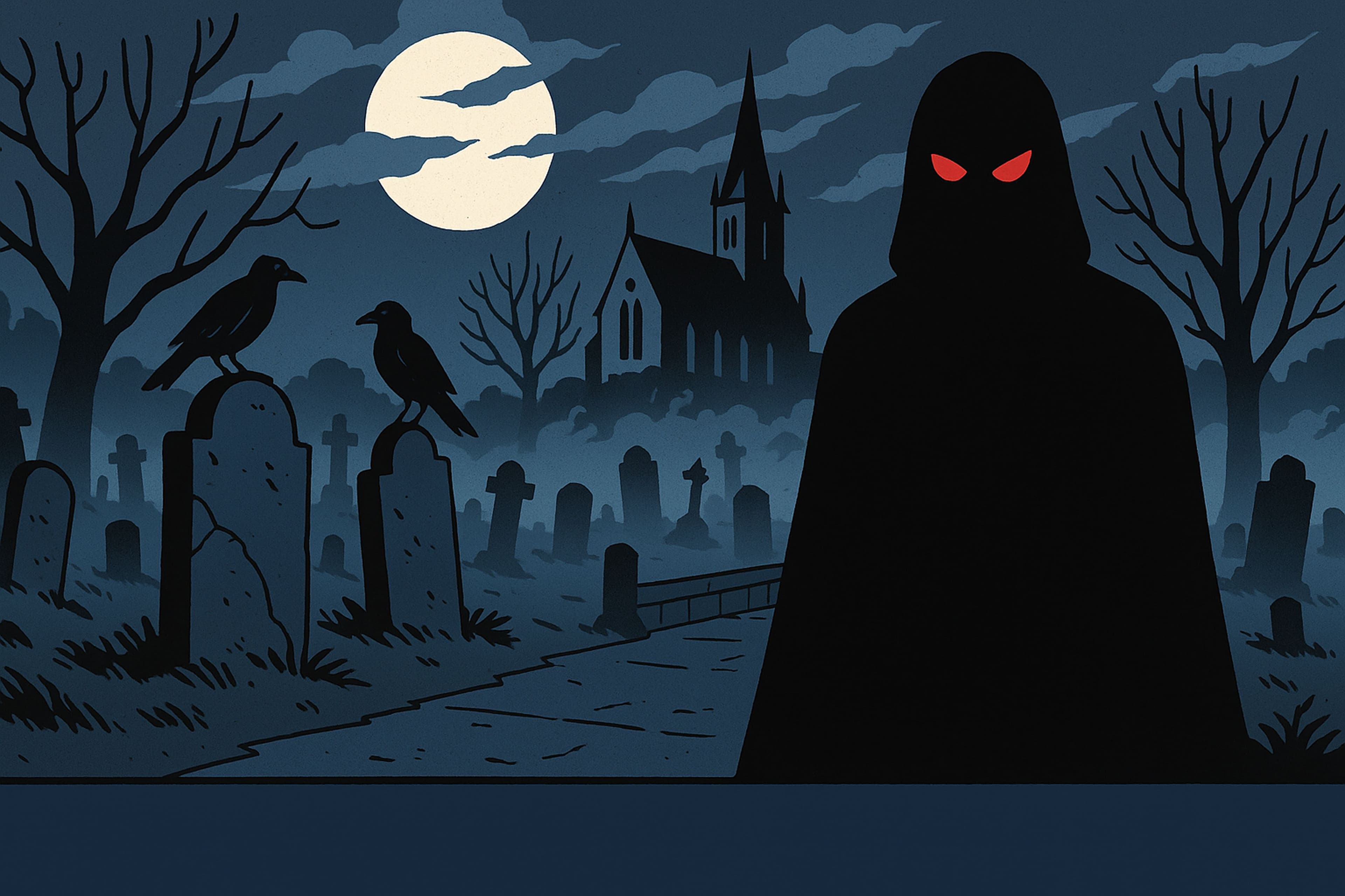 Grueslige Person, mit roten Augen steht auf einen Friedhof. Im Hintergrund Vollmond und Krähen