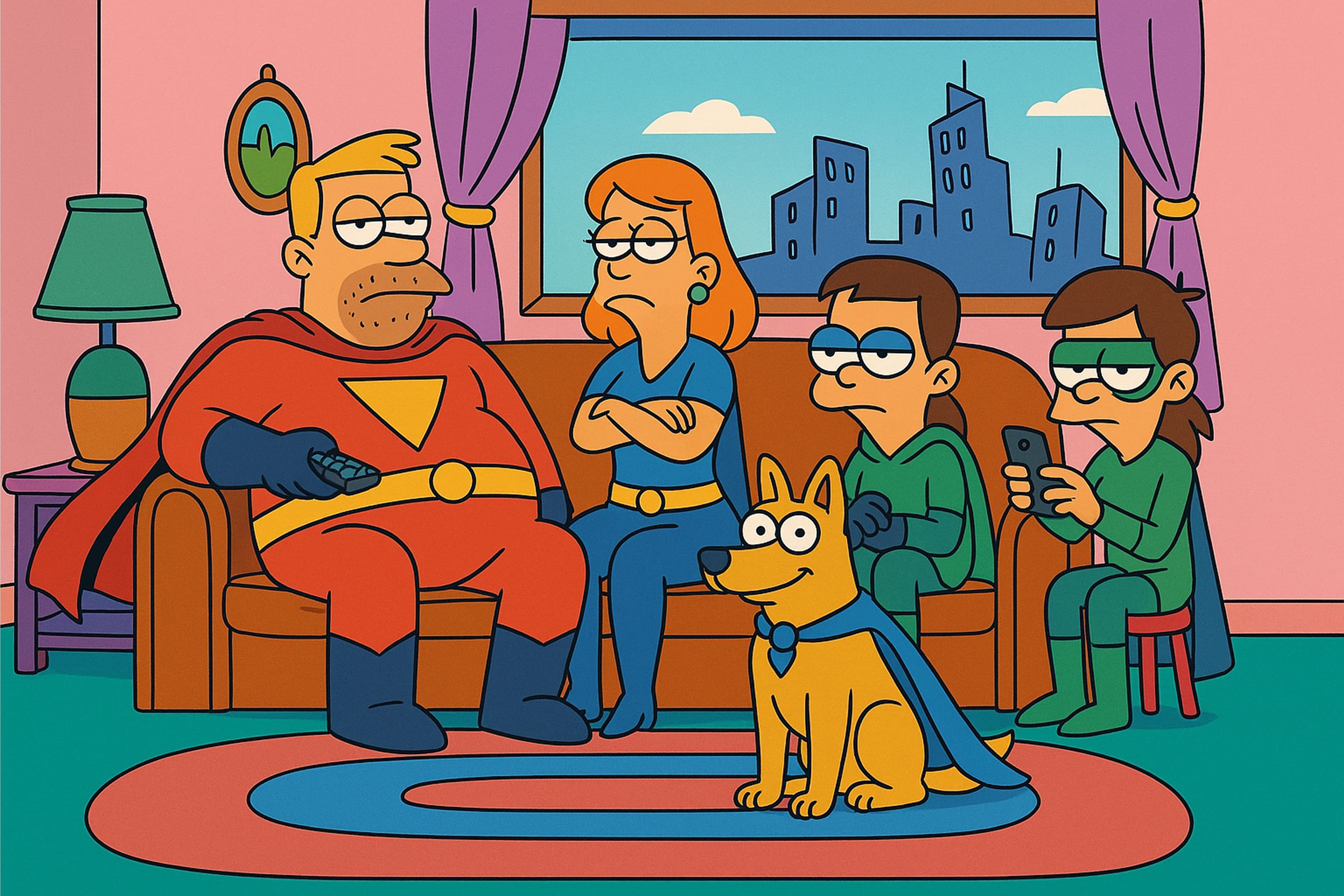 Eine satirische Cartoon-Illustration im Stil von Simpsons oder Family Guy zeigt eine chaotische Superheldenfamilie im Wohnzimmer: Der Vater sitzt im roten Kostüm mit Umhang träge auf dem Sofa und hält eine Fernbedienung, die Mutter verschränkt genervt die Arme, der Teenager schaut aufs Handy, während der Familienhund mit Cape stolz und heroisch wirkt. Durch das Fenster ist eine schiefe Stadtskyline zu sehen, die den parodistischen Charakter der Szene unterstreicht.