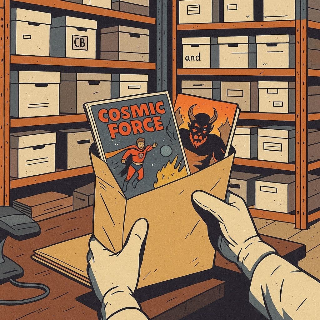 In einem Lagerraum werden bunte Comics in einen großen braunen Umschlag verpackt. Im Hintergrund stehen hohe Schwerlastregale voller weißer Kartons mit Aufschriften.