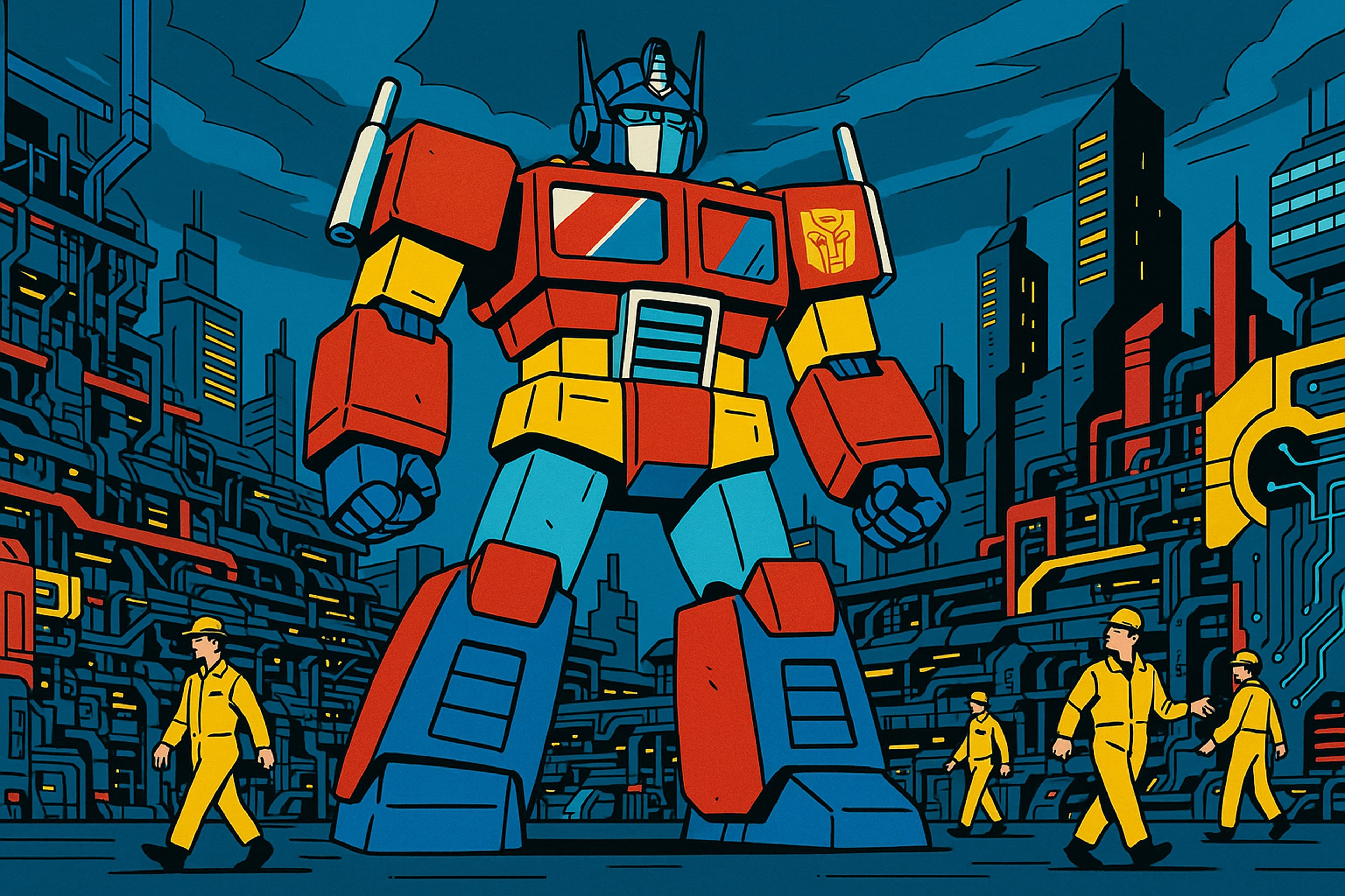 rot gelber Roboter umgeben von Menschen in gelben Uniformen