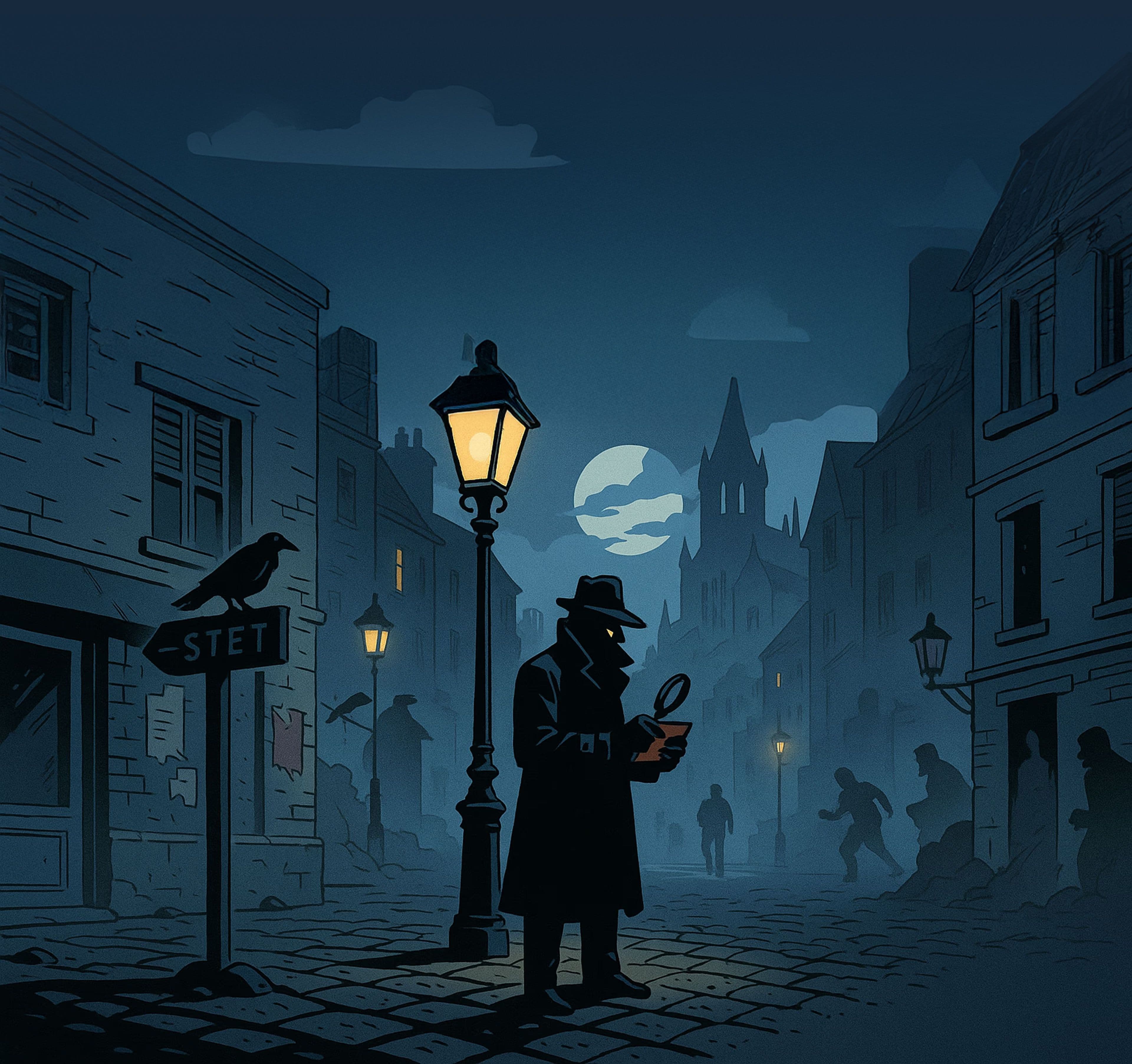 Comic-Illustration einer nebligen Stadtstraße bei Nacht: Unter einer Laterne steht ein Detektiv in Trenchcoat und Fedora, mit Lupe oder Brief in der Hand. Im Hintergrund verbergen sich Silhouetten in dunklen Gassen, ein Rabe sitzt auf einem Straßenschild. Die Szene wirkt geheimnisvoll und spannungsgeladen.