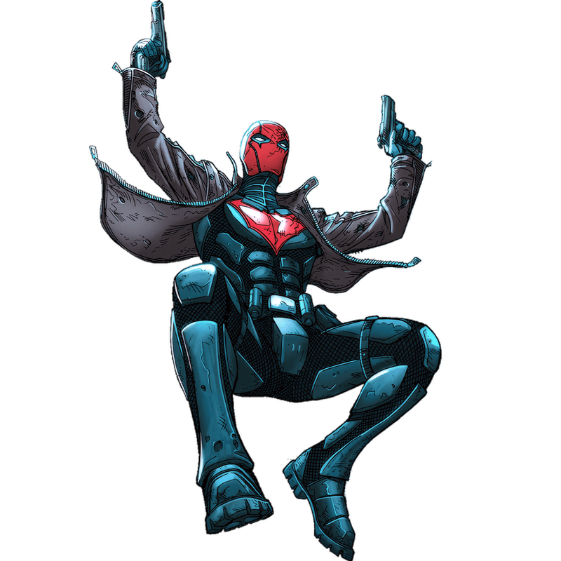 Red Hood springt in die Tiefe mit zwei Waffen in den Händen. Die Hände sind nach oben gerichtet.