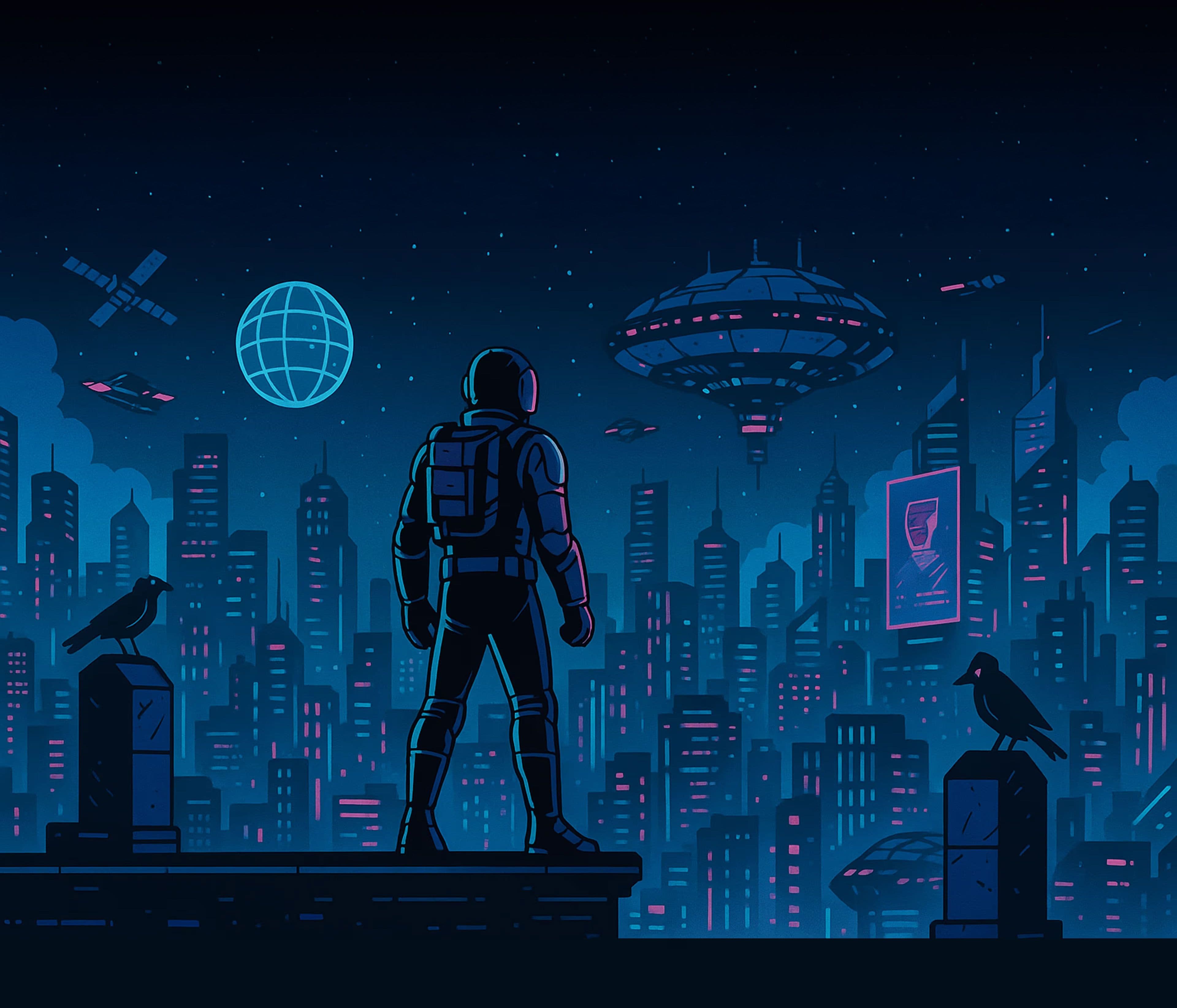 Person in futuristischem Anzug steht erhöht und blickt auf eine Cyber-Stadt