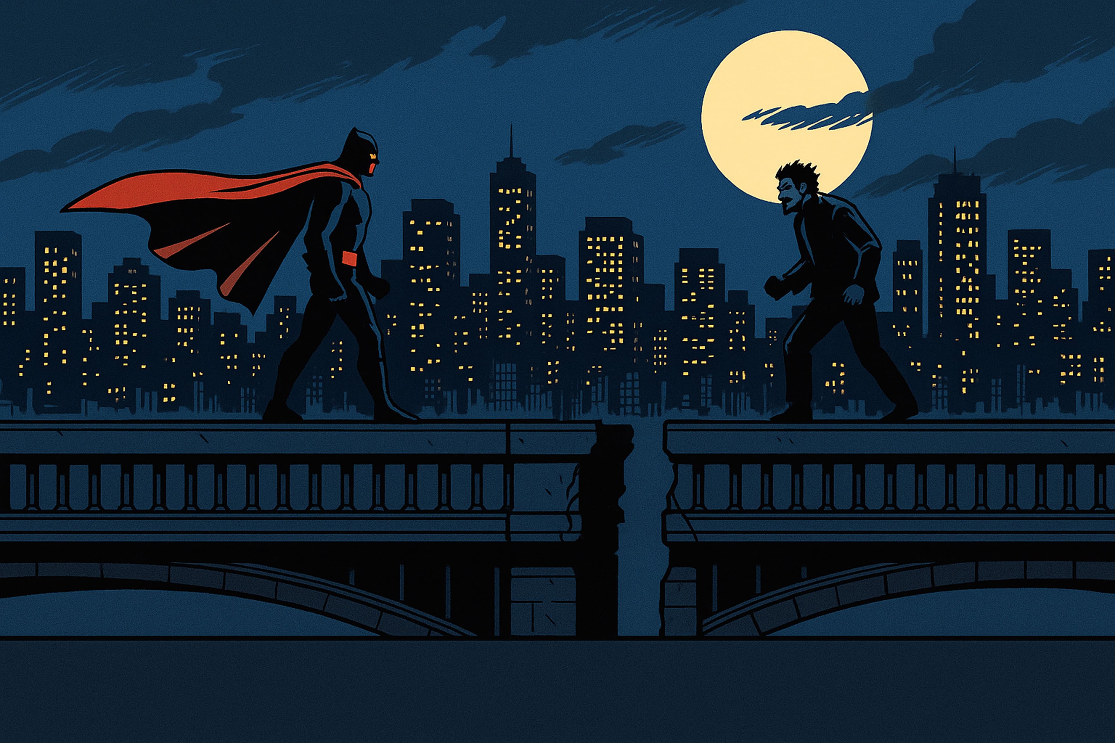 Ein unbekannter Superheld und ein unbekannter Superschurke stehen sich auf einer kaputten Brücke gegenüber. Im Hintergrund die Skyline im Mondschein.
