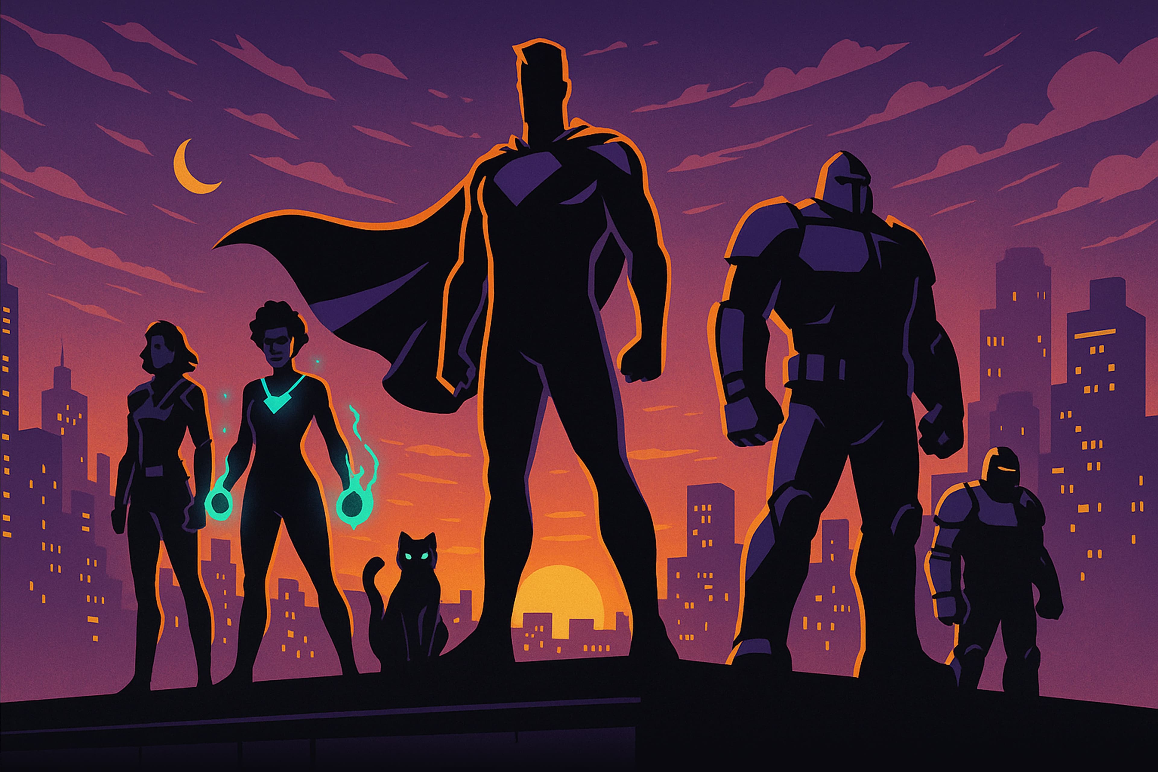 Eine epische Comic-Illustration zeigt ein Superhelden-Team auf einem Hochhausdach bei Sonnenuntergang. Fünf Helden stehen in kraftvollen Posen: eine Figur mit wehenden Cape in der Mitte, links eine Heldin und eine Gestalt mit leuchtenden Energie-Fäusten, rechts zwei gepanzerte Tech-Helden. Hinter ihnen erstreckt sich die leuchtende Skyline der Stadt im Abendlicht, während das Dach im Vordergrund nahtlos in eine dunkle Fläche übergeht.