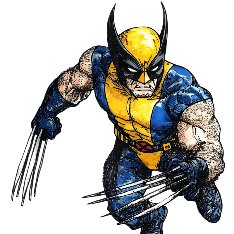 Wolverine im gelben Anzug und ausgefahrenen Krallen in Angriffsposition