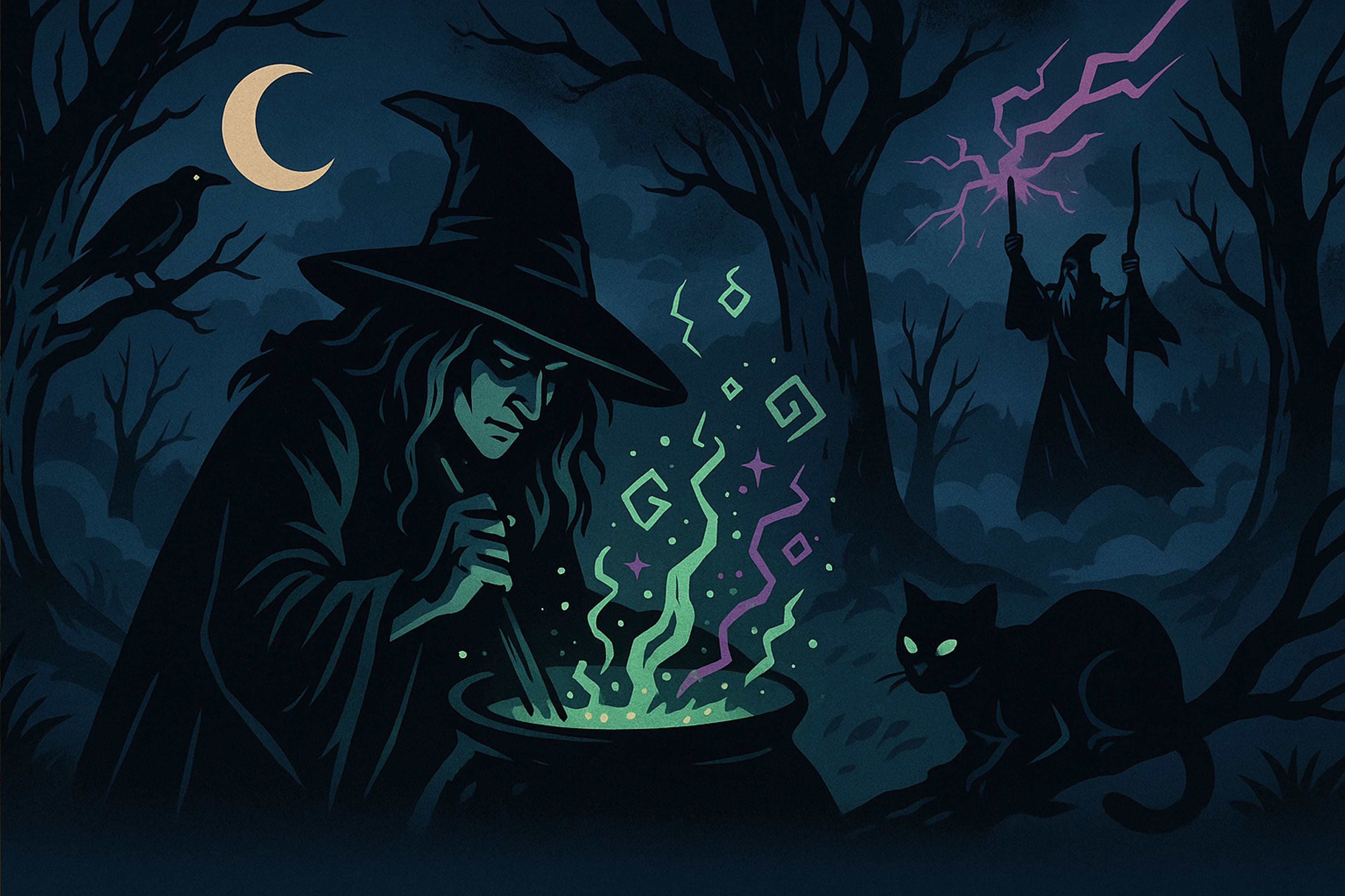 Eine düstere Comic-Illustration zeigt eine Hexe mit spitzem Hut, die in einer Waldlichtung bei Mondlicht einen grün leuchtenden Kessel rührt. Magische Symbole und Funken steigen daraus auf. Rechts kauert eine schwarze Katze mit glühenden Augen, links sitzt ein Rabe auf einem Ast. Im Hintergrund erhebt ein Zauberer seinen Stab und beschwört violette Blitze in den Nachthimmel, während Nebel zwischen den knorrigen Bäumen schwebt.