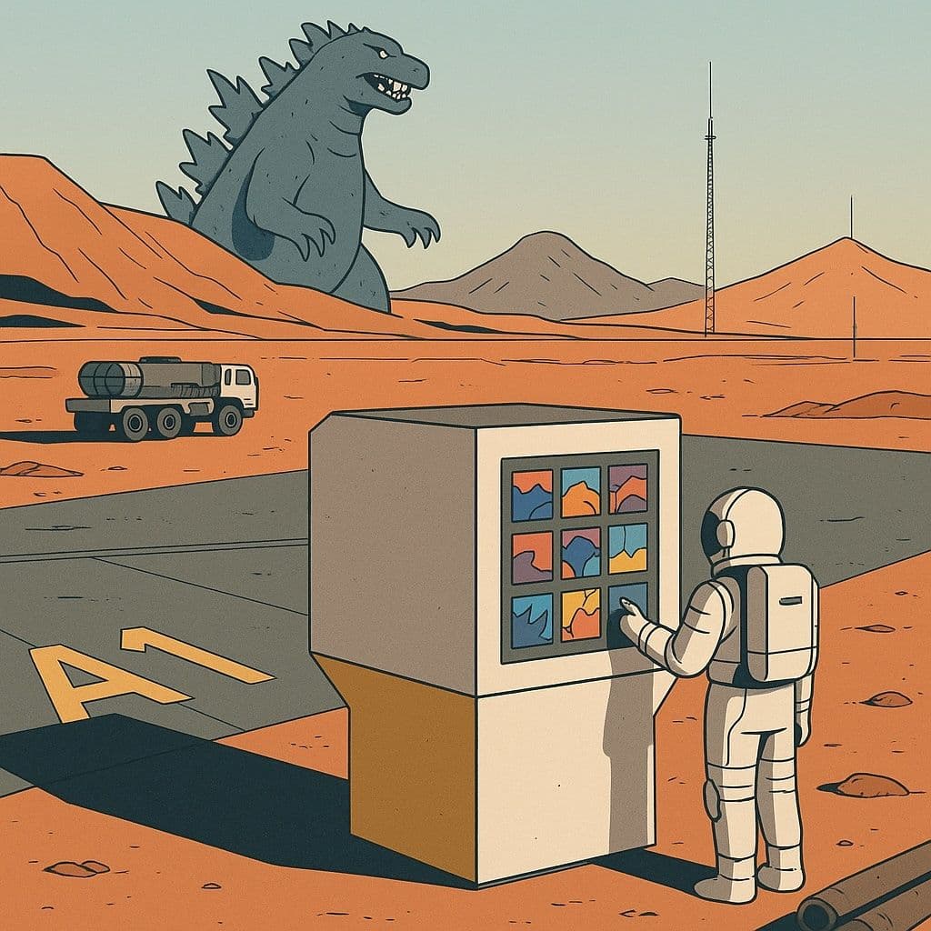 Ein Astronaut steht vor einem futuristischen Kiosk mit Comic-Covern, im Hintergrund Berge und das Ink & Power Maskottchen in Godzilla-Form am Horizont
