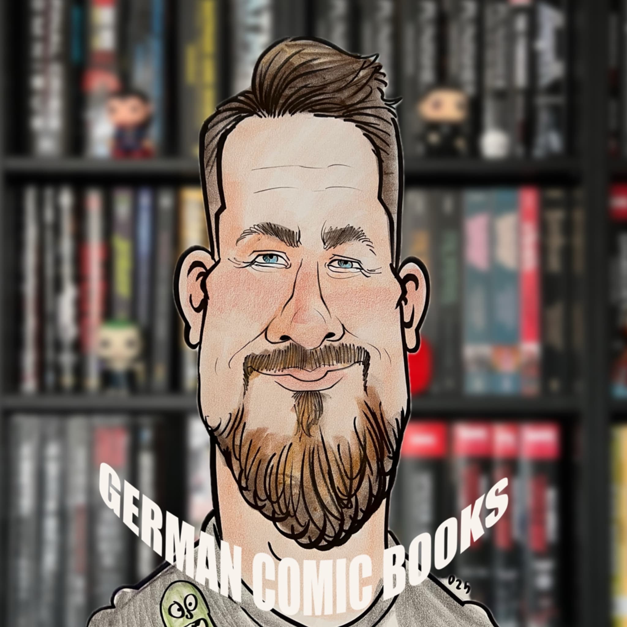 Illustration von Marc vor einem Bücherregal